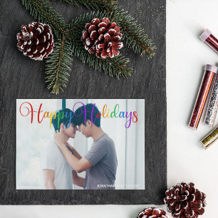 prettige feestdagen Rainbow Script Gay Couple Phot Feestdagenkaart