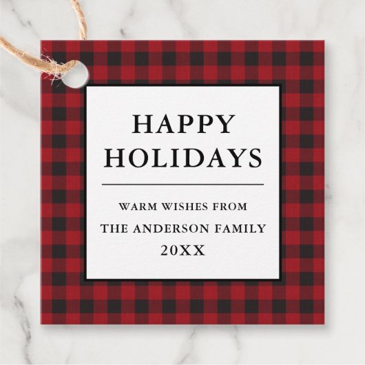 Prettige feestdagen Red Buffalo Plaid Kraft Bedankjes Labels (Voorkant)