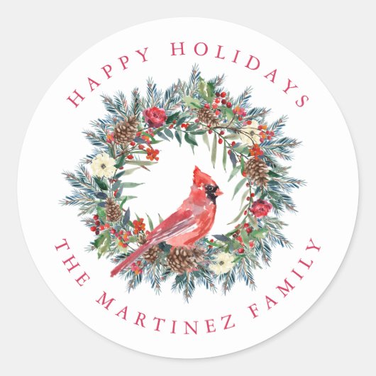 Prettige feestdagen Red Cardinal Pine Wreath Ronde Sticker (Voorkant)