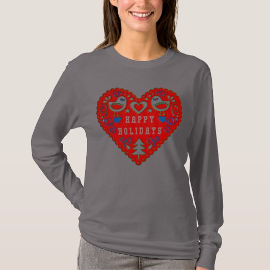 prettige feestdagen Red Festive Folk Art Heart T-shirt (Voorkant)