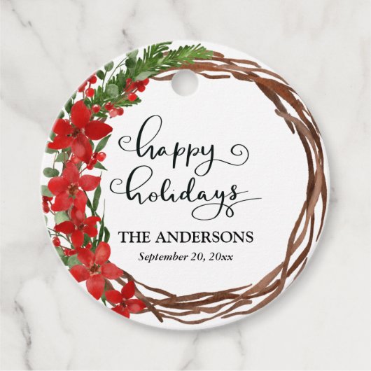 prettige feestdagen Red Floral Waterverf Wreath Bedankjes Labels (Voorkant)