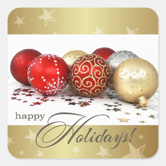 prettige feestdagen. Red Gold Baubles kerst Vierkante Sticker (Voorkant)
