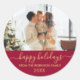 Prettige feestdagen Red Gold Script Family Foto Ronde Sticker