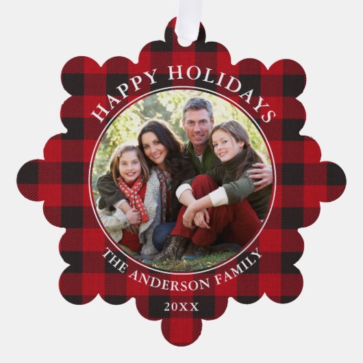 Prettige feestdagen Red Plaid Rustic Ornament Kaart (Voorkant)