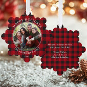 Prettige feestdagen Red Plaid Rustic Ornament Kaart