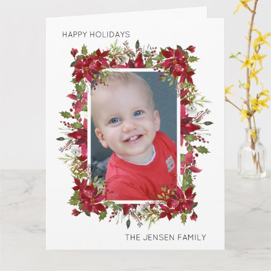 prettige feestdagen Red Poinsettias Greenery White Kaart (Gele Bloem)