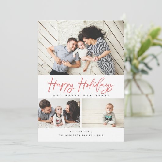 prettige feestdagen Red Script 3 Collage Multi-Pho Feestdagenkaart (Staand voorkant)