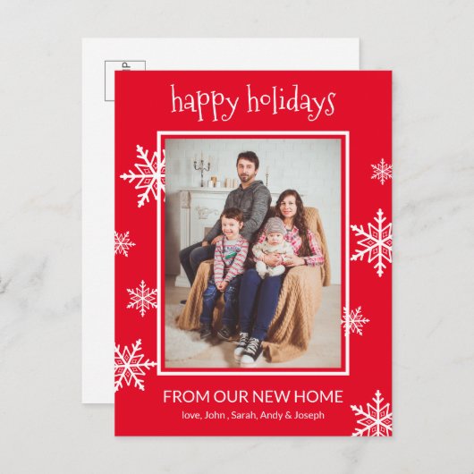 prettige feestdagen Red & White Snowflakes Photo M Aankondigingskaart (Voorkant / Achterkant)