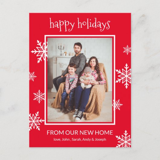 prettige feestdagen Red & White Snowflakes Photo M Aankondigingskaart (Voorkant)
