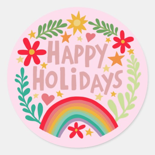 Prettige feestdagen Regenboog Schattige Hand-getro Ronde Sticker (Voorkant)