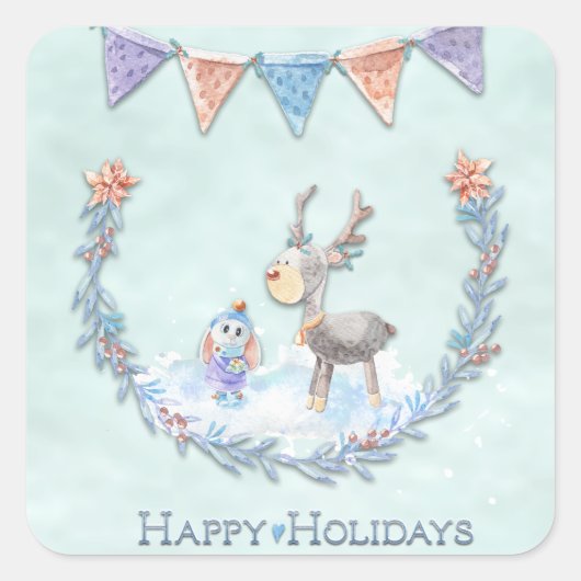 prettige feestdagen Reindeer Bunny Wreath Snow Sce Vierkante Sticker (Voorkant)