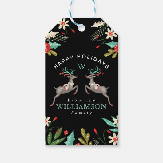 Prettige feestdagen Rendier Monogram & Feestelijk Cadeaulabel (Voorkant)