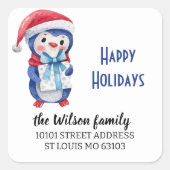 Prettige feestdagen Retouradres Blauwe Rode Pengui Vierkante Sticker (Voorkant)