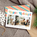 Prettige feestdagen Retro Kleurrijke Twee Foto Ker Feestdagenkaart<br><div class="desc">Stuur uw vakantiegroeten naar uw vrienden en geliefden met deze kleurrijke retro stijl kerstkaart. Deze kaart bevat twee prachtige foto's van uw familie,  een tekst die u kunt personaliseren en een feestelijk en kleurrijk streepjespatroon aan de achterkant. (Foto van Elina Fairytale op Pexels. Vervang het vriendelijk door uw eigen.)</div>