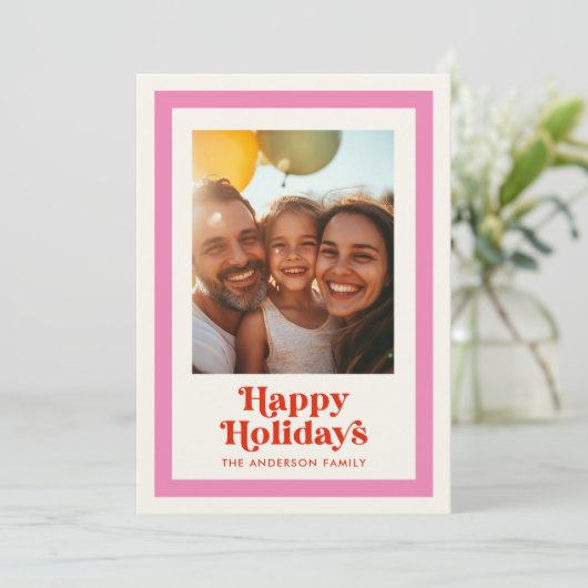 Prettige feestdagen Retro Rainbow? Roze Lijst 1 fo Feestdagenkaart (Staand voorkant)