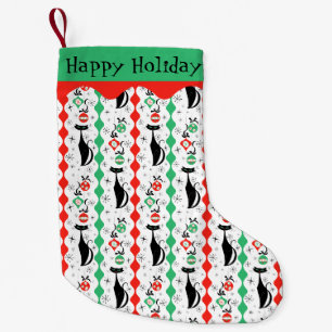 Prettige feestdagen Retro Xmas Cat Stripe Multi Kleine Kerstsok