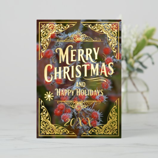Prettige feestdagen Rode bessen Vrolijk kerstfeest (Staand Voorkant)
