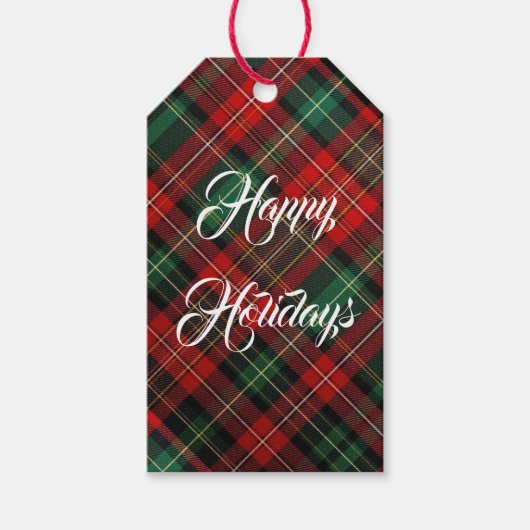 Prettige feestdagen Rode en groene Tartan Plaid Cadeaulabel (Voorkant)