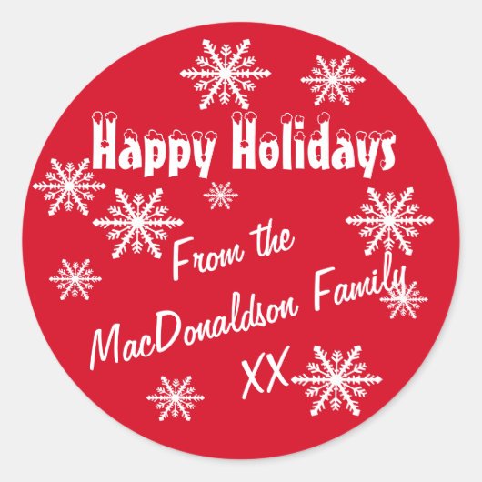Prettige feestdagen Rode en sneeuwvlokken Ronde Sticker (Voorkant)
