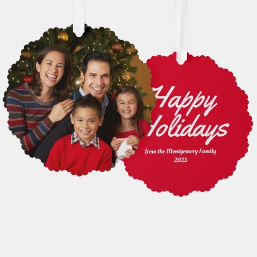 Prettige feestdagen Rode Familie Foto Ornament Kaart (Voorkant / Achterkant)