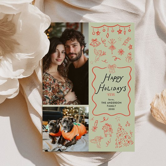 Prettige feestdagen Rode groene hand getekend icon Feestdagenkaart