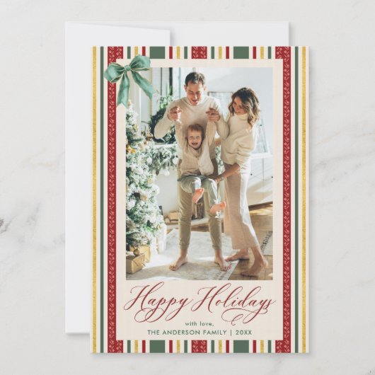 Prettige feestdagen rode groene strepen boog Feestdagenkaart (Voorkant)