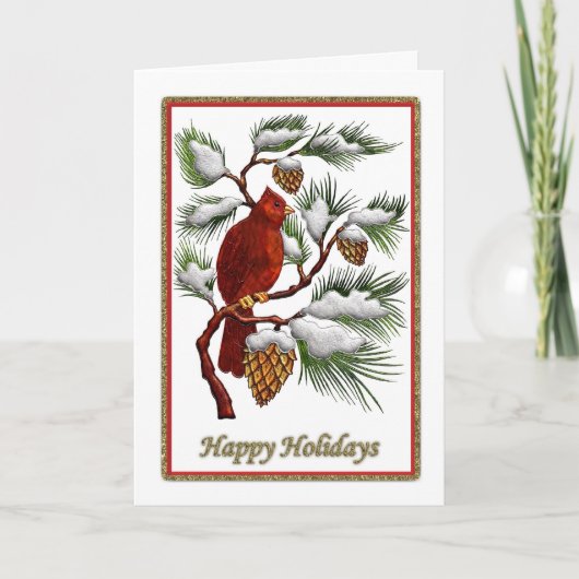 Prettige feestdagen - rode kardinaal met dennenapp kaart (Voorkant)