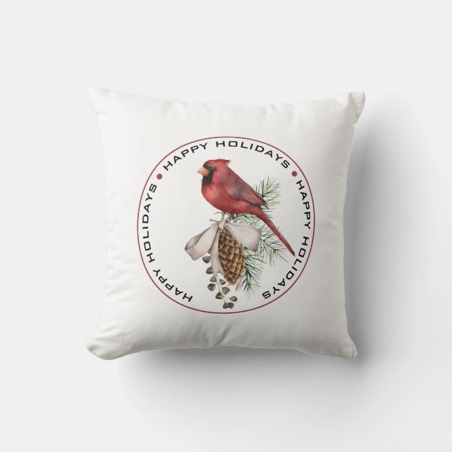 prettige feestdagen, rode kerstkardinale Waterverf Kussen (Voorkant)