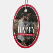Prettige feestdagen Rode ovale Lijst fotokaart Keramisch Ornament (Links)