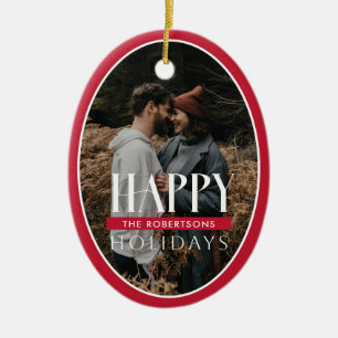 Prettige feestdagen Rode ovale Lijst fotokaart Keramisch Ornament