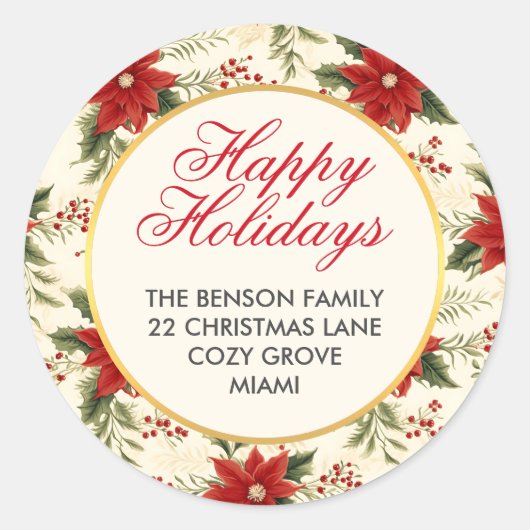Prettige feestdagen Rode Poinsettia Bloem Ronde Sticker (Voorkant)
