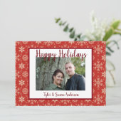 Prettige feestdagen Rode sneeuwvlokken Foto & Groe Feestdagenkaart (Staand voorkant)