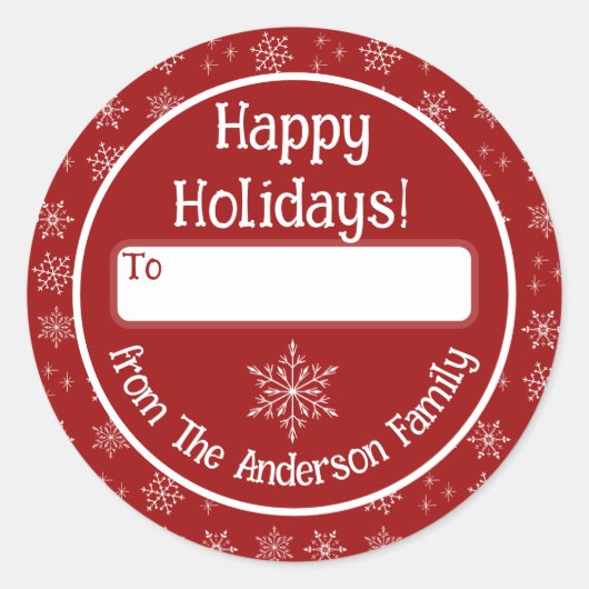 Prettige feestdagen Rode Sticker met sneeuwvlokken (Voorkant)