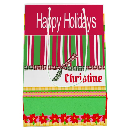 prettige feestdagen rode streep kerstcadeautassen medium cadeauzakje (Achterkant)