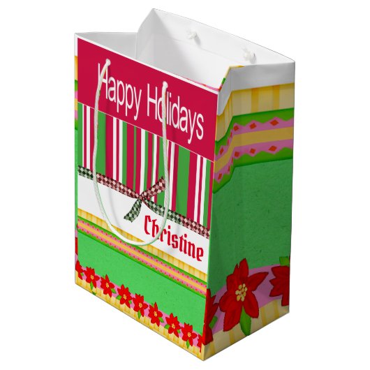 prettige feestdagen rode streep kerstcadeautassen medium cadeauzakje (Achterkant Gekanteld)