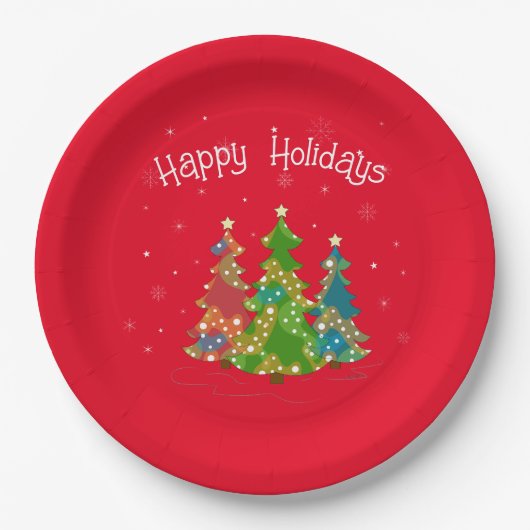 Prettige feestdagen Rode Tekst, Sterren, Bomen, Mo Papieren Bordje (Voorkant)