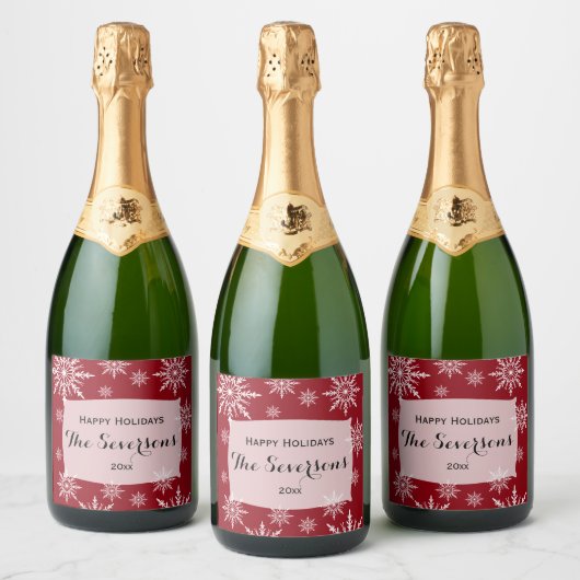Prettige feestdagen Rode witte sneeuwvlokken Sparkling Wijnetiket (Flessen)