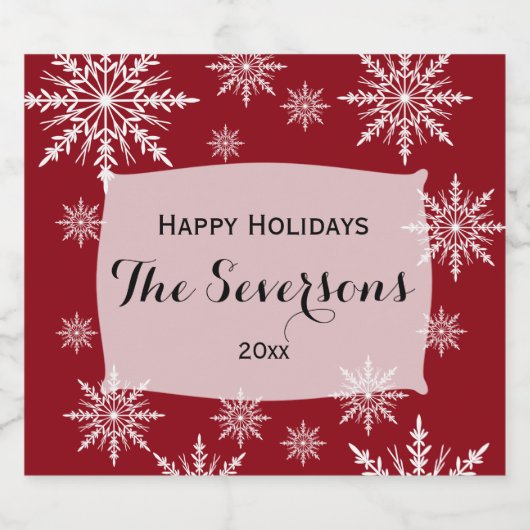 Prettige feestdagen Rode witte sneeuwvlokken Sparkling Wijnetiket (Enkel label)