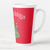 Prettige feestdagen rood, bomen, sneeuwvlokken, mo latte mok (Rechts)