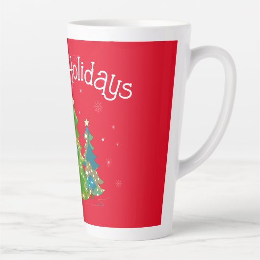 Prettige feestdagen rood, bomen, sneeuwvlokken, mo latte mok (Rechts)