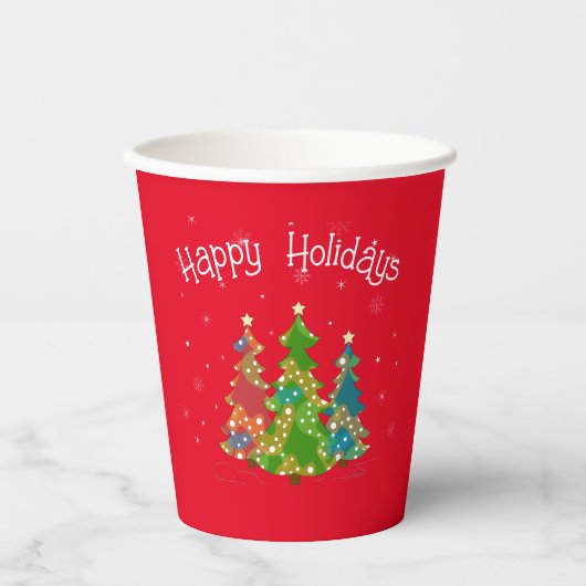 Prettige feestdagen rood, bomen, sneeuwvlokken, mo papieren bekers (Voorkant)