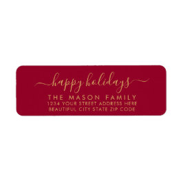 Prettige feestdagen Rood en goud script retouradre Etiket