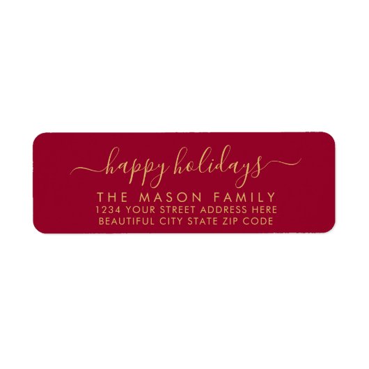 Prettige feestdagen Rood en goud script retouradre Etiket (Voorkant)