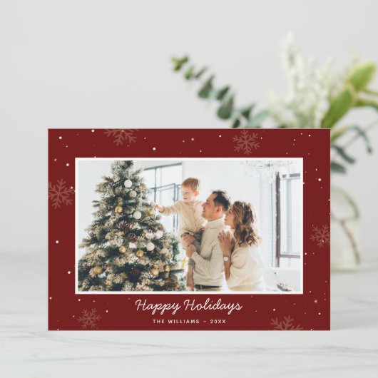 Prettige feestdagen Rood Familie Foto Snowflake Feestdagenkaart (Staand voorkant)