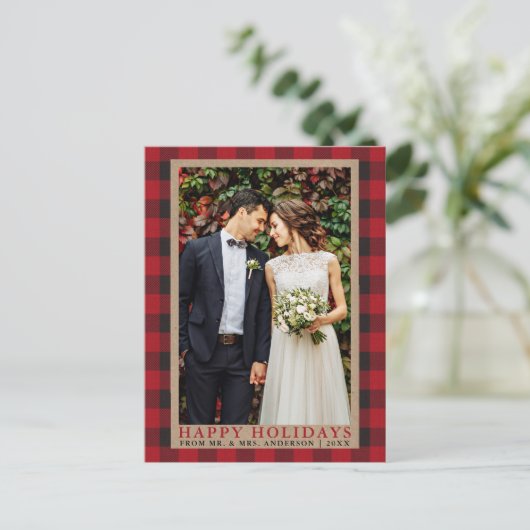 Prettige feestdagen Rood geruite bruiloft Foto Briefkaart (Staand voorkant)