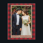 Prettige feestdagen Rood geruite bruiloft Foto Briefkaart<br><div class="desc">Prettige feestdagen Briefkaart Rode Buffel geruite trouwfoto</div>