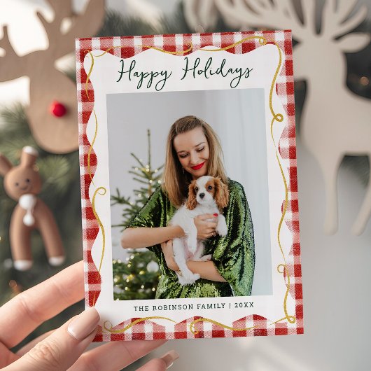 Prettige feestdagen Rood & Goud Gingham Patroon Feestdagenkaart