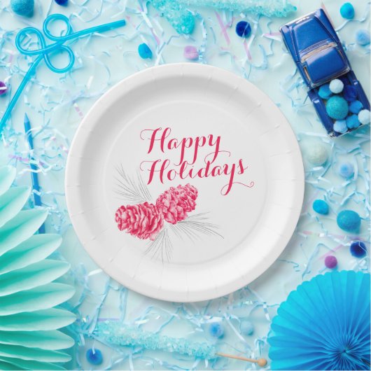 Prettige feestdagen Rood grijs kegels papier bord (Feest)