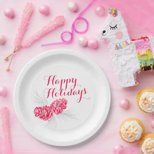 Prettige feestdagen Rood grijs kegels papier bord (Feest)