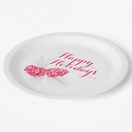 Prettige feestdagen Rood grijs kegels papier bord (Gekanteld)